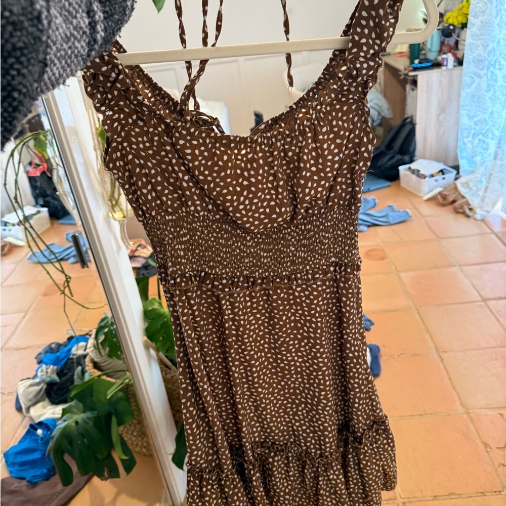Brown and Tan Sleeveless Mini Sundress with Ruffled Hem